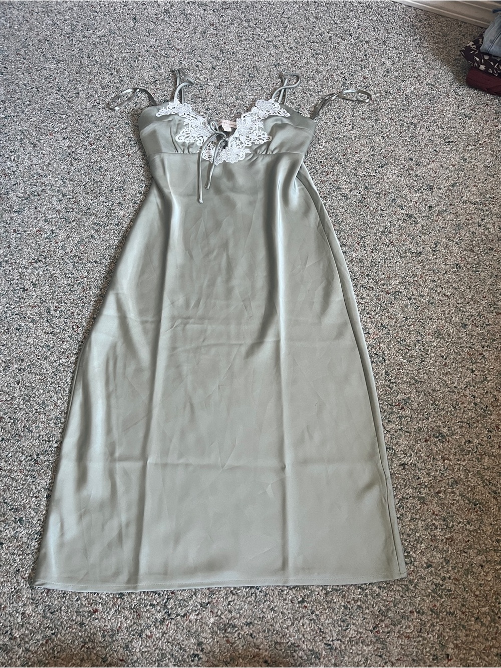 Satin Lace-Trim Slip Dress in Sage Green
